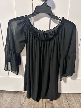 Black Off-Shoulder Ruffle Blouse with Bell Sleeves